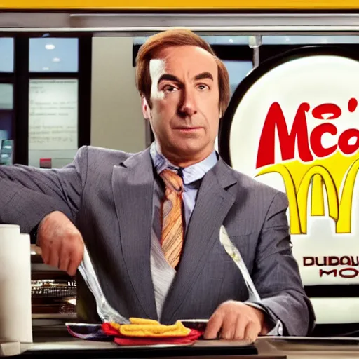 Image similar to saul goodman eating at mcdonald's, realistic, ultra high detail, 8 k.