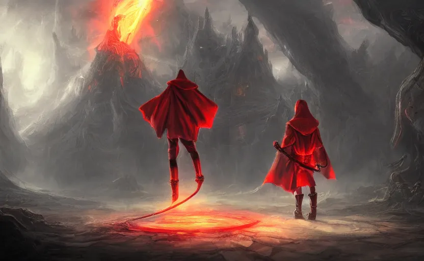 Prompt: red hooded mage, holding a golden bell, standing in front of an arcane gate to another realm, mindblowing, concept art, matte, illustration, ominous, magical, dnd, 4 k uhd, very detailed