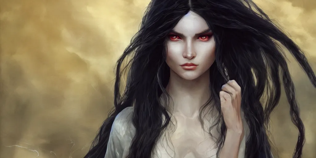 Image similar to a young beautiful oracle with long black hair weavering golden string of magic, barroque painting, ultra realistic. cinematic, dynamic. magic the gathering style. epic fantasy, insanely detailed, 4k, symmetrical face, rpg character reference. gourgeous.