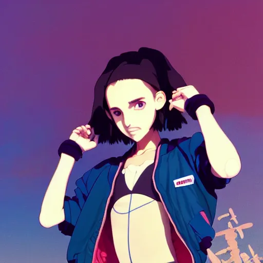 Image similar to a beautiful boyish natalie portman gravure model, wearing oversized mayan bomber jacket and leotard with overalls, bulky poofy bomber jacket with mesoamerican patterns, mesoamerican street fashion, gapmoe yandere grimdark, trending on pixiv fanbox, painted by greg rutkowski makoto shinkai takashi takeuchi studio ghibli, akihiko yoshida