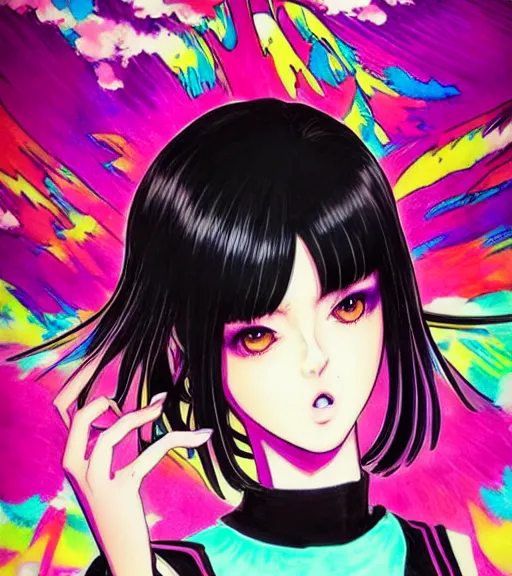 Prompt: beautiful portrait of a black bobcut hair style magical girl in a blend of 8 0 s anime - style art, vibrant composition and color, filtered through a cybernetic lens, by hiroyuki mitsume - takahashi and noriyoshi ohrai, pastel colors, hand - drawn animation, highly detailed, dynamic lighting