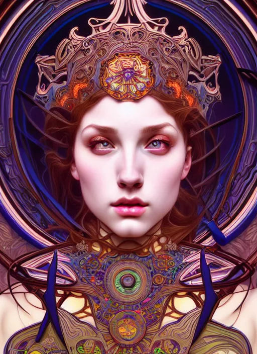 Image similar to overlord, psychedelic, portrait, highly detailed, deep focus, elegant, digital painting, smooth, sharp focus, illustration, ultra realistic, 8 k, art by artgerm and alphonse mucha