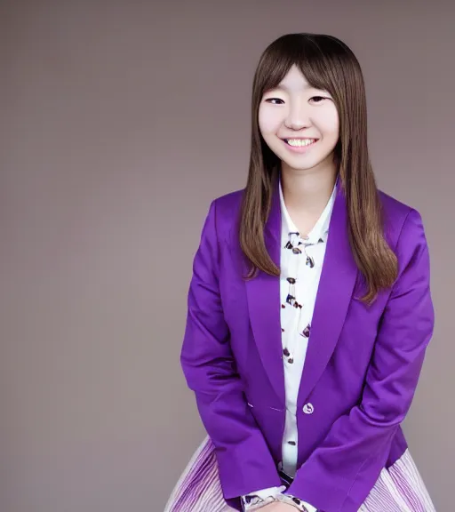 Image similar to a professional portrait photograph of kaede akamatsu, an eighteen year old japanese woman with blonde shoulder - length hair, an ahoge, musical note hairpins, a pink blazer, a white backpack, purple contact lenses, and a kind smile, beautiful features, pianist, at her piano