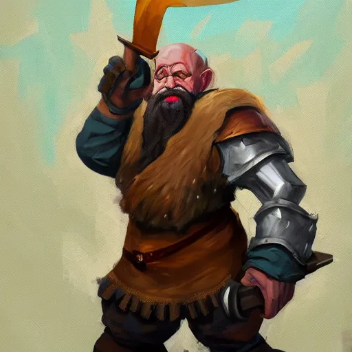 Prompt: portrait painting of a fantasy dwarf fighter with a huge iron axe, medium shot, asymmetrical, profile picture, organic painting, sunny day, matte painting, bold shapes, hard edges, street art, trending on artstation, y greg irons, dave sutherland