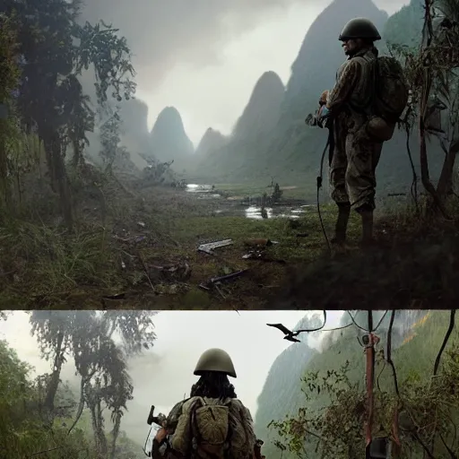 Image similar to an extremely detailed matte painting of a ridiculously good looking jesus that looks like a soldier in the vietnam war, dressed as joker from full metal jacket by stanley kubrick, wearing a ballistic helmet that says'born to save '!!!!, camouflaged gear, jungles of vietnam beautiful, intricate, cinematic, greg rutkowski, stanley kubrick, octane render