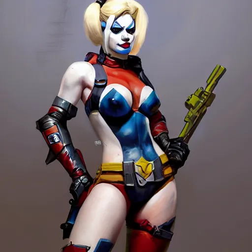 Image similar to greg manchess portrait painting of armored harley quinn as overwatch character, medium shot, asymmetrical, profile picture, organic painting, sunny day, matte painting, bold shapes, hard edges, street art, trending on artstation, by huang guangjian and gil elvgren and sachin teng