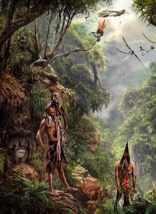 Prompt: two indigenous people standing together in the jungle, fantasy art, highly detailed, matte painting