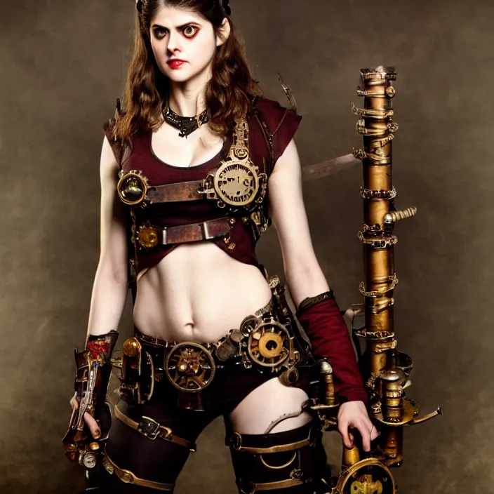 Image similar to full body photograph of alexandra daddario as a steampunk warrior, Extremely detailed. 8k