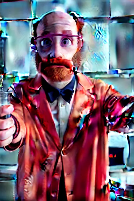 Prompt: an awkwardly tall scientist with 3 eyes and a tangled beard and unruly red hair atop his balding head wearing a labcoat and holding a beaker, high resolution film still, movie by Ivan Reitman