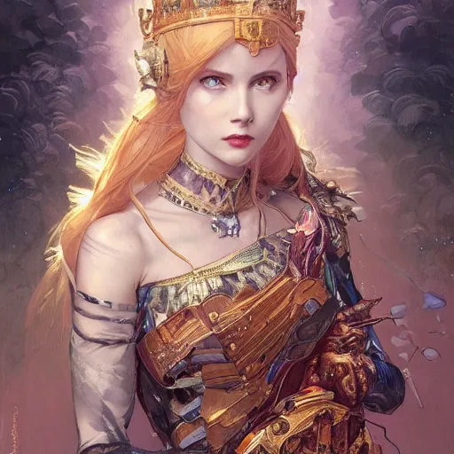 Prompt: hyperdetailed portrait of beautiful queen's moth armored girl. highly detailed portrait, digital painting, sharp foccus ilustration, artstation hq. intricate, elegant. wlop, greg rutkowski, alphonse mucha,. dan mumford, rossdraws, marc simonetti. background by repin. full height. louise zhang. decollage