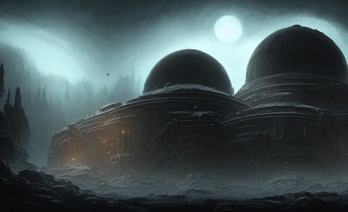 Prompt: epic professional sci - fi digital art of ruined domed planetary outpost, eerie atmospheric lighting, painted, detailed, intricate, impressive foreboding, by leesha hannigan, wayne haag, reyna rochin, ignacio fernandez rios, mark ryden, iris van herpen, hdr, 8 k, epic, stunning, gorgeous, much wow, cinematic, masterpiece