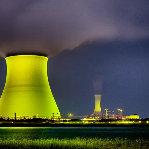 Image similar to nuclear power plant glowing green during a stormy night, award winning photography
