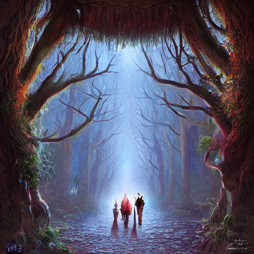 Image similar to corridors through fantasy forest dreamscapes, highly detailed painting, illustration, trending on artstation