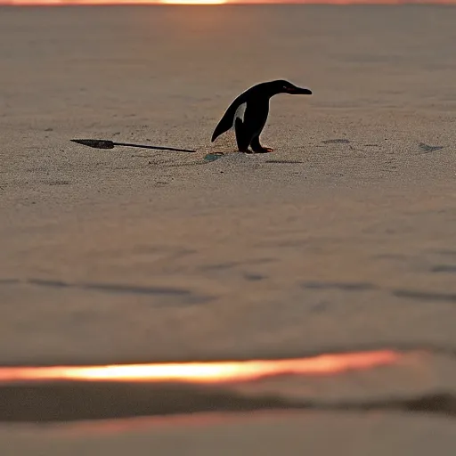 Image similar to photo of a penguin writing mathematics with a stick in the sand, sunset natural geographic, award winning