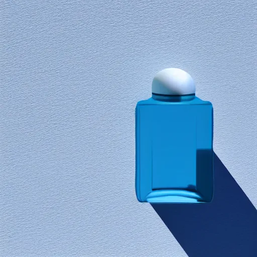 Image similar to perfume bottle on window sill in a pastel clean modern minimalist room with a view of the beach and sunset in an easter - blue room well contoured smooth fair walls, up close shot, sharp focus, zen, clean, modern minimalist, octane highly render, 4 k, ultra hd,