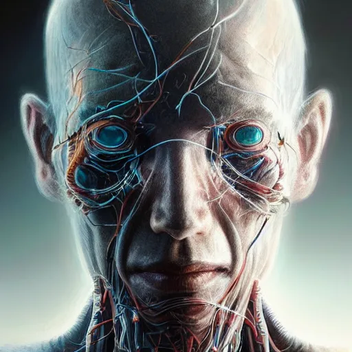 Prompt: centered front face portrait art illustration of an ultradetailed biomechanic evil metaverse cyborg made of neurons, by greg rutkowski and Zdzisław Beksiński, photorealistic, 8k, intricate, futuristic, dramatic light, trending on cg society
