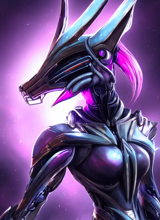 Image similar to cinematic close shot, galactic sized proportional stunning beautiful hot female warframe goddess, sleek robot mecha dragon head, metal ears, led purple eyes, smooth fuschia skin, smooth silver armor, floating in space, holding a galaxy, epic proportions, epic detail, furry art, dragon art, giantess art, warframe fanart, furaffinity, octane