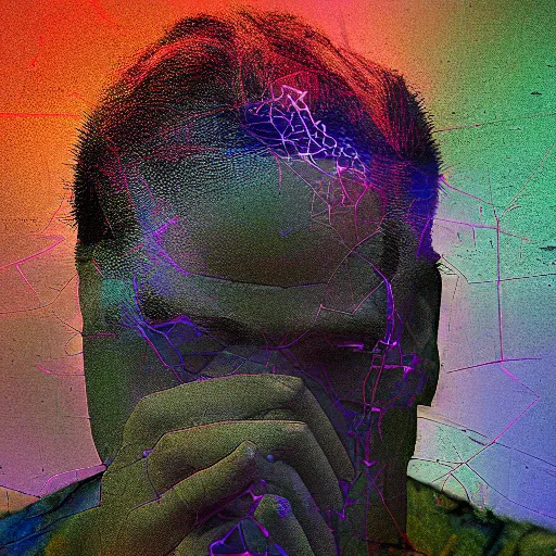 Prompt: hyperrealistic photograph of a contrite man trying to escape a monitor, digital art, glitch art