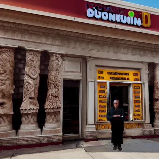 Prompt: cinematic shot of julius caesar wearing roman armor and standing outside of a dunkin donuts store, 8 k, very detailed, very intricate,