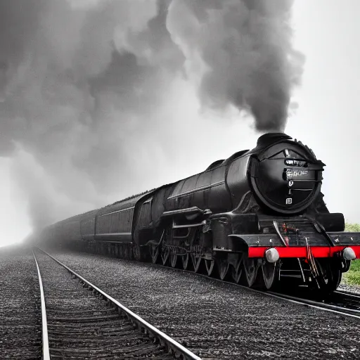 Image similar to A hyperdetailed photograph of the Flying Scotsman on the rails producing lots of black smoke in an old timey city, night, dense fog, rain, HD, 8K resolution