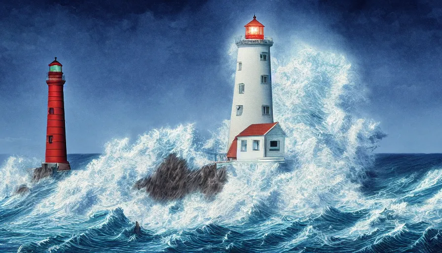 Image similar to a lighthouse being struck by a huge wave out at sea, digital art, highly detailed, realistic, bright colors, 8 k