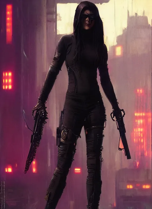 Prompt: X-23. Cyberpunk assassin in tactical gear. blade runner 2049 concept painting. Epic painting by Craig Mullins and Alphonso Mucha. ArtstationHQ. painting with Vivid color. (rb6s, Cyberpunk 2077, matrix)