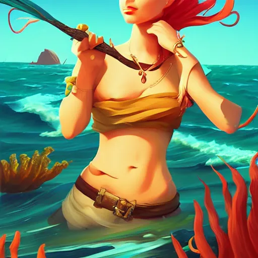 Image similar to painting mermaid treasure on sea of thieves game avatar hero smooth face median photoshop filter cutout vector, behance hd by jesper ejsing, by rhads, makoto shinkai and lois van baarle, ilya kuvshinov, rossdraws global illumination