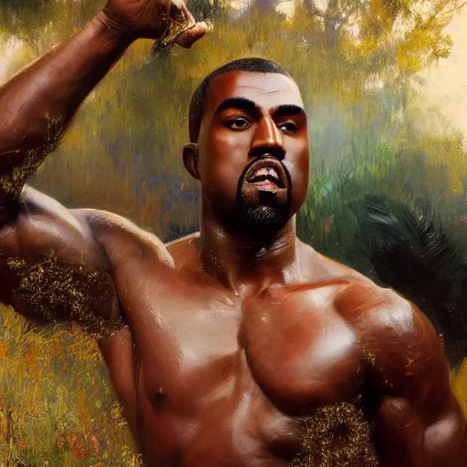 Image similar to detailed realistic cinematic wide shot of beautiful attractive muscular kanye west with gold chain wearing blue bath robe slim face symettrical face clean skin black eyes black robe smooth, sharp focus, ultra realistic, spring light, painting by gaston bussiere, craig mullins, j. c. leyendecker