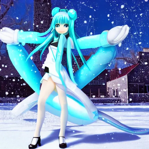 Prompt: Realistic ice sculpture of Hatsune Miku doing a cute pose outside, ice sculpture, outside, snow, winter, high definition