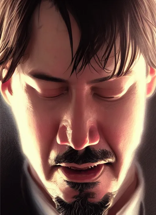 Prompt: keanu reeves sneezing, male, portrait, intricate, jackass, highly detailed, digital painting, artstation, concept art, wallpaper, smooth, sharp focus, illustration, art by artgerm and greg rutkowski and alphonse mucha