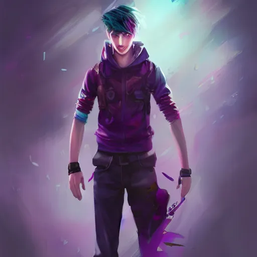 Image similar to colorful and festive captivating teenager boy with straight purple hair, purple eyes with red eye markers, slim body, wearing japanese combat clothes. rich vivid colors, ambient lighting, dynamic lighting, 4 k, atmospheric lighting, painted, intricate, highly detailed by charlie bowater