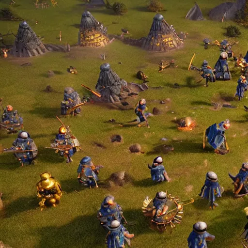 Prompt: thousands of smurfs with medieval weapons battling on an epic battlefield with medieval, moon shining golden light, miniaturecore, supremely digital, medieval, unreal engine, super detailed, outstanding detail, dreamlike lighting, god rays