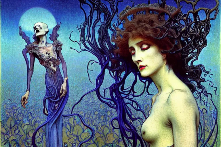 Image similar to realistic detailed portrait painting of a beautiful ghost woman with a male zombie, nightly graveyard landscape background by Jean Delville, Amano, Yves Tanguy, Alphonse Mucha, Ernst Haeckel, Edward Robert Hughes, Roger Dean, rich moody colours, blue eyes