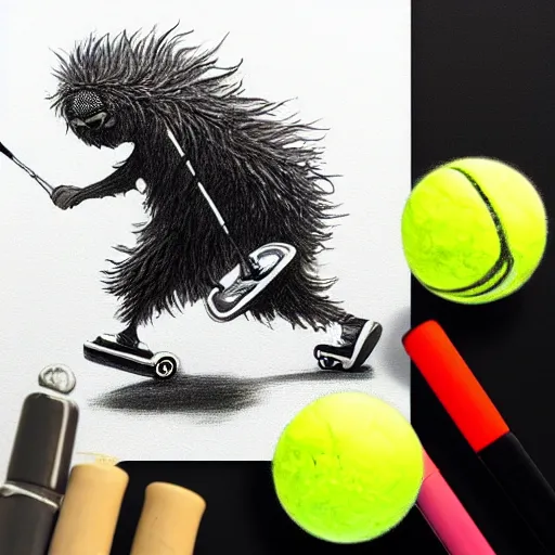 Image similar to a tennis ball monster, tennis ball, dark, chalky, riding on a skateboard, digital art, fantasy, magic, trending on artstation, ultra detailed, professional illustration by Basil Gogos