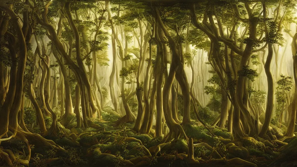 Image similar to A Sandro Botticelli oil painting of a hauntingly beautiful elven forest in the morning; rays of light coming through the canopy; trending on artstation; extraordinary masterpiece!!!!!!; 8k