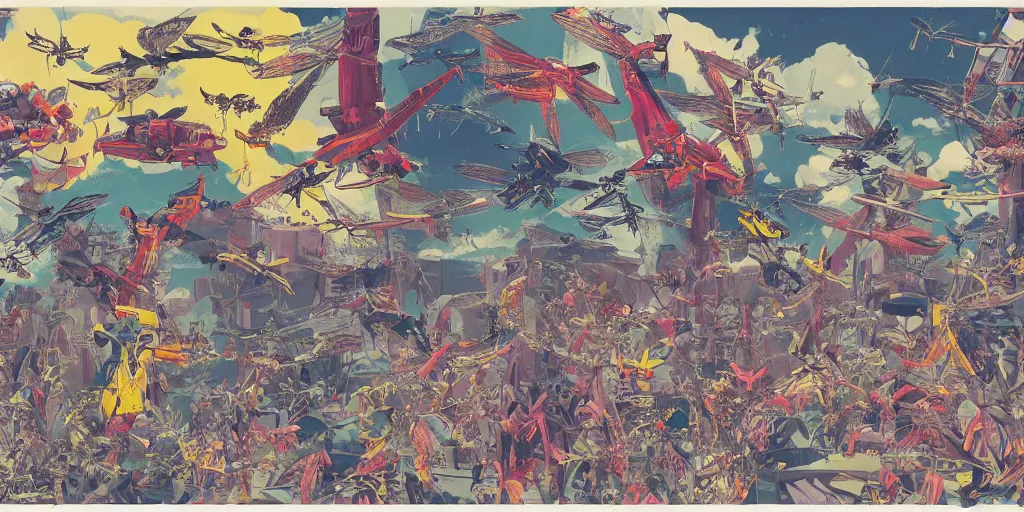 Image similar to risograph rendition, gigantic mecha arzach birds with dragonflies, tiny rats, yellow colors, a lot of exotic animals around, big human faces everywhere, helicopters and tremendous birds, by satoshi kon and moebius, matte bright colors, surreal design, crispy, super - detailed, a lot of tiny details, fullshot