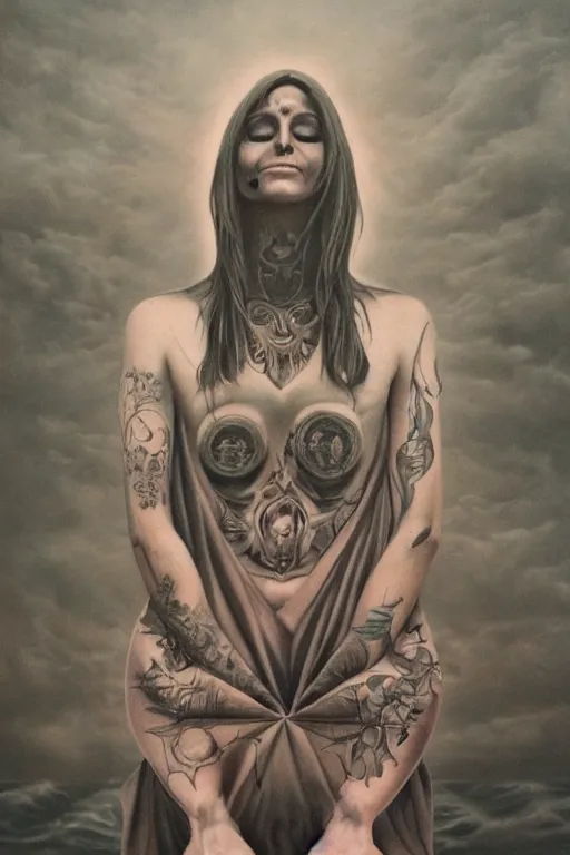 Prompt: tattooed beautiful cult woman in dress, transcendental meditation, expanding consciousness, and smiling, symmetric, dark, moody, eerie religious composition, photorealistic oil painting, post modernist layering, by Sean Yoro