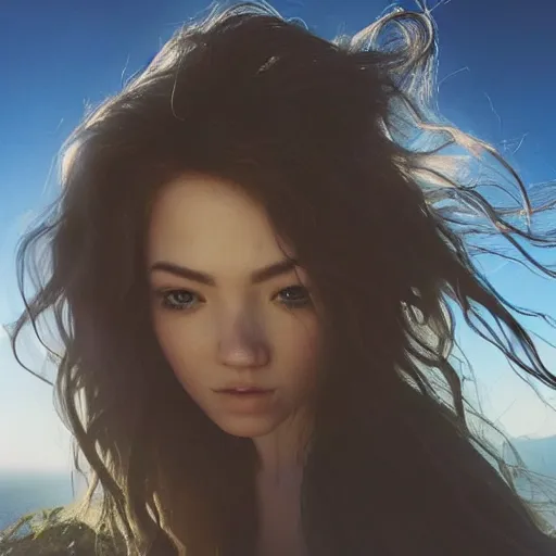 Image similar to Selfie of a beautiful woman with gorgeous flowy hair, standing over a cliff, beautiful volumetric lighting, subsurface scattering!!!!!!, (((((vivid))))) atmosphere, radiant sunshine, trending on artstation, 4k, 8k, artstation portrait imagery, fisheye!!!!! lens, instagram!!!!! selfie!!!!!