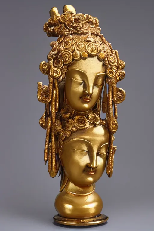 Image similar to mnemosine goddess statue sculpted in polished chinese porcelain with gold foils covering his head, made by antonio corradini, ultrarealistic, detailed, 8 k