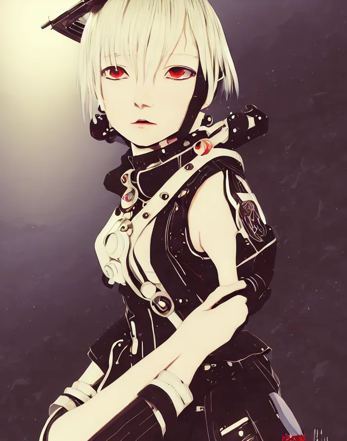 Image similar to ilya kuvshinov anime illustration of reol, last exile,, murata range, fine detail, perfect anime face, dramatic lighting, dynamic composition, moody, art deco, cel shading, vivid, stippled lighting, rich texture, yoshinari yoh, alphonse mucha, takashi murakami, colorful