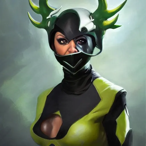 Image similar to greg manchess portrait painting of jade from mortal kombat wearing a half mask as overwatch character, medium shot, asymmetrical, profile picture, organic painting, sunny day, matte painting, bold shapes, hard edges, street art, trending on artstation, by huang guangjian and gil elvgren and sachin teng
