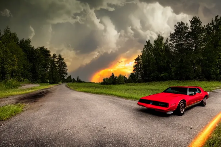 Image similar to pontiac firebird with glowing paint, sunrise, eerie light, fireflies, dog watching the car, dramatic, cinematic, forest, horror, sunbeams, volumetric lighting, wide shot, low angle, lightning storm hitting the car