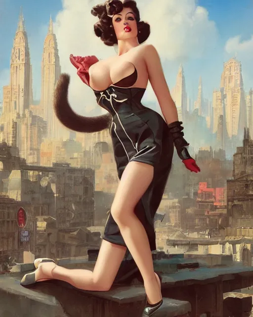 Image similar to pinup photo of cute fluffy caracal in the crowded square of the city, by greg rutkowski, gil elvgren, enoch bolles, kezie demessance, glossy skin, pearlescent, very coherent, very detailed