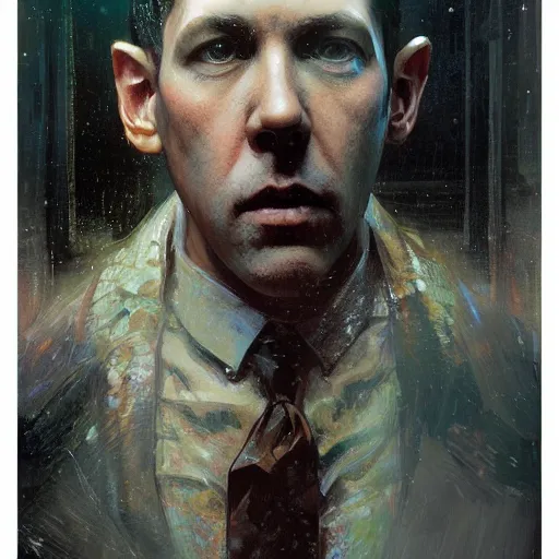 Image similar to , h p lovecraft hyperrealistic portrait, bladerunner street, art of elysium by jeremy mann and alphonse mucha and greg rutkowski, fantasy art, photo realistic, dynamic lighting, artstation, poster, volumetric lighting, very detailed face, 4 k, award winning