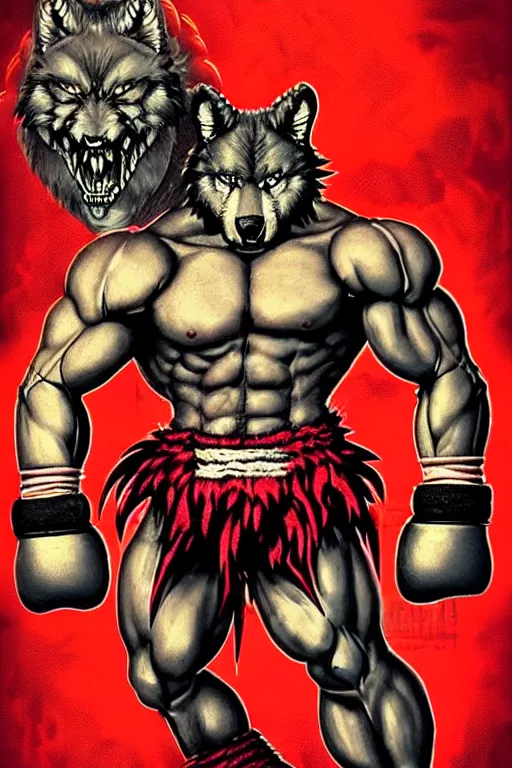 Image similar to extreme long shot. 8 bit nes graphics. antropomorphic muscular masculine wolf. kickboxer fighter, in shorts. streetfighter. wolf head. fine details, very sharp, art from nes game cartridge, 8 0's, vhs artefacts, vaporwave style, marc simonetti and hermann nitsch