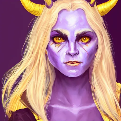 Image similar to a portrait of a cute tiefling girl with a scar along her face, skin colour purple, horns from her head, yellow eyes, cleric, dnd art, fantasy, digital art, high quality.