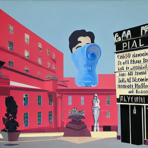 Prompt: painting of hollywood babylon, twin peaks, blue velvet, mulholland drive, gas mask, by paula rego, by magritte