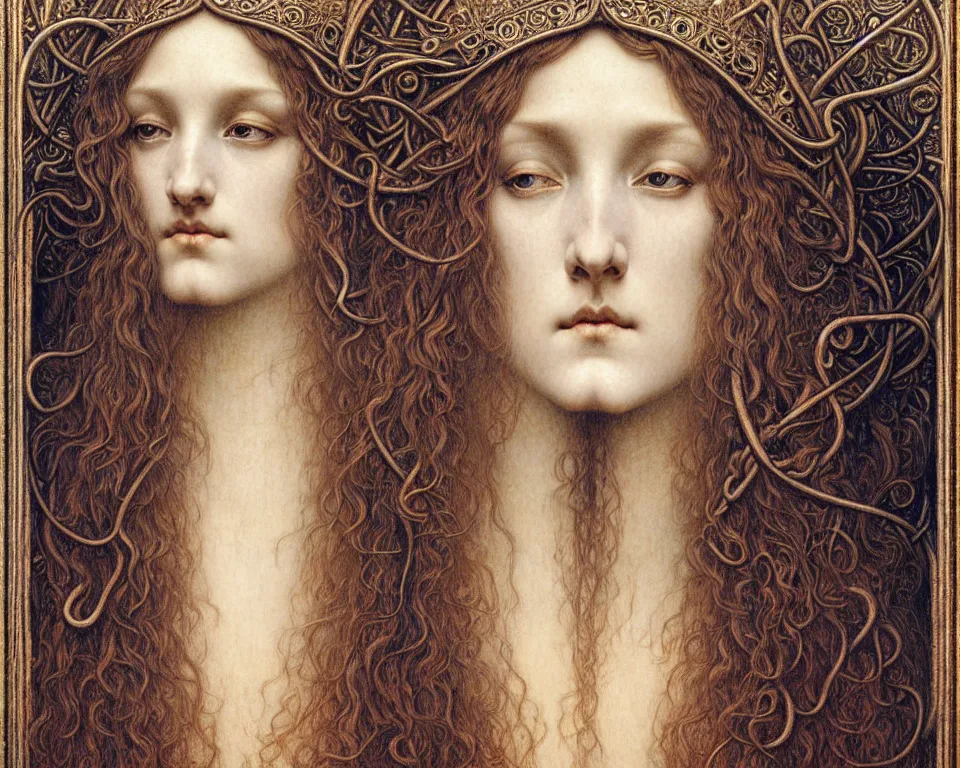 Image similar to detailed realistic beautiful young medieval queen face portrait by jean delville, gustave dore and marco mazzoni, art nouveau, symbolist, visionary, gothic, pre - raphaelite. horizontal symmetry