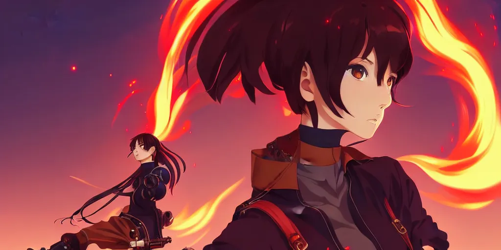 Image similar to makoto shinkai, artgerm, ilya kuvshinov, steampunk beautiful anime woman, red shirt brown pants, black and red hair hair, symmetrical face, symmetrical eyes, second anime woman with orange hair and black pants, action scene, shooting fire war, detailed, summer setting, cinematic lighting