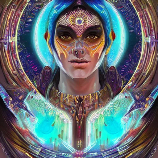 Image similar to portrait of a future metaverse Ayahuasca tech shaman warrior, 2D cartoon, visionary art, symmetric, Magick symbols, holy halo, shipibo patterns, sci-fi, concept art, trending on art station, 8k digital art, by Mandy Jurgens, fantasy portrait art, anime